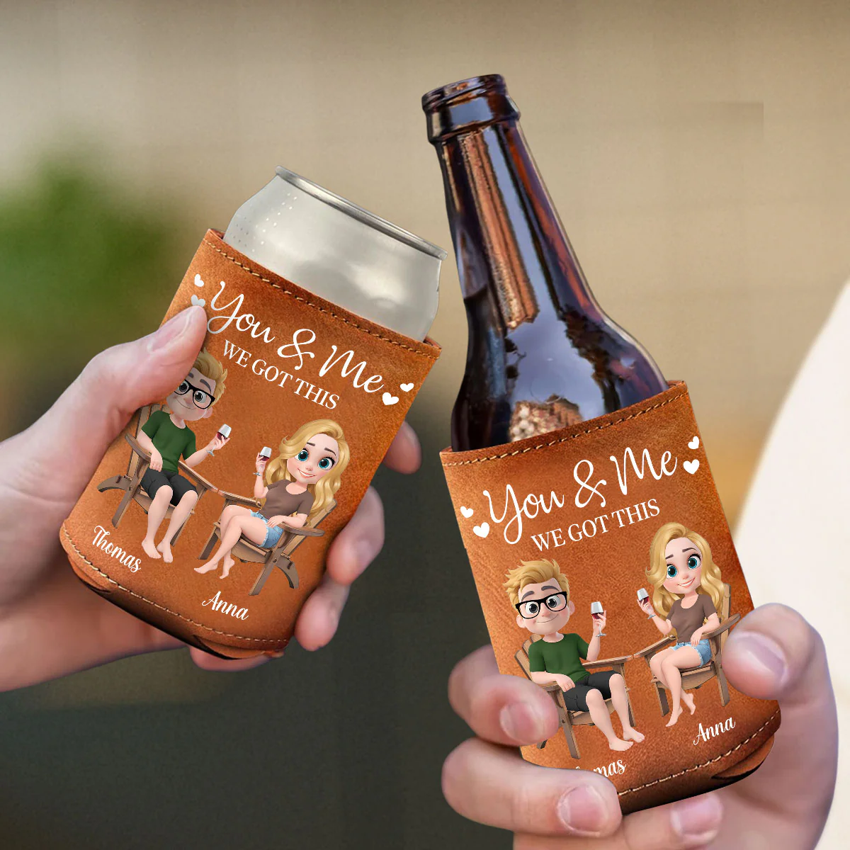 You And Me We Got This Anniversary Couple - Personalized Custom Leather Can Cooler Holder - Image 4